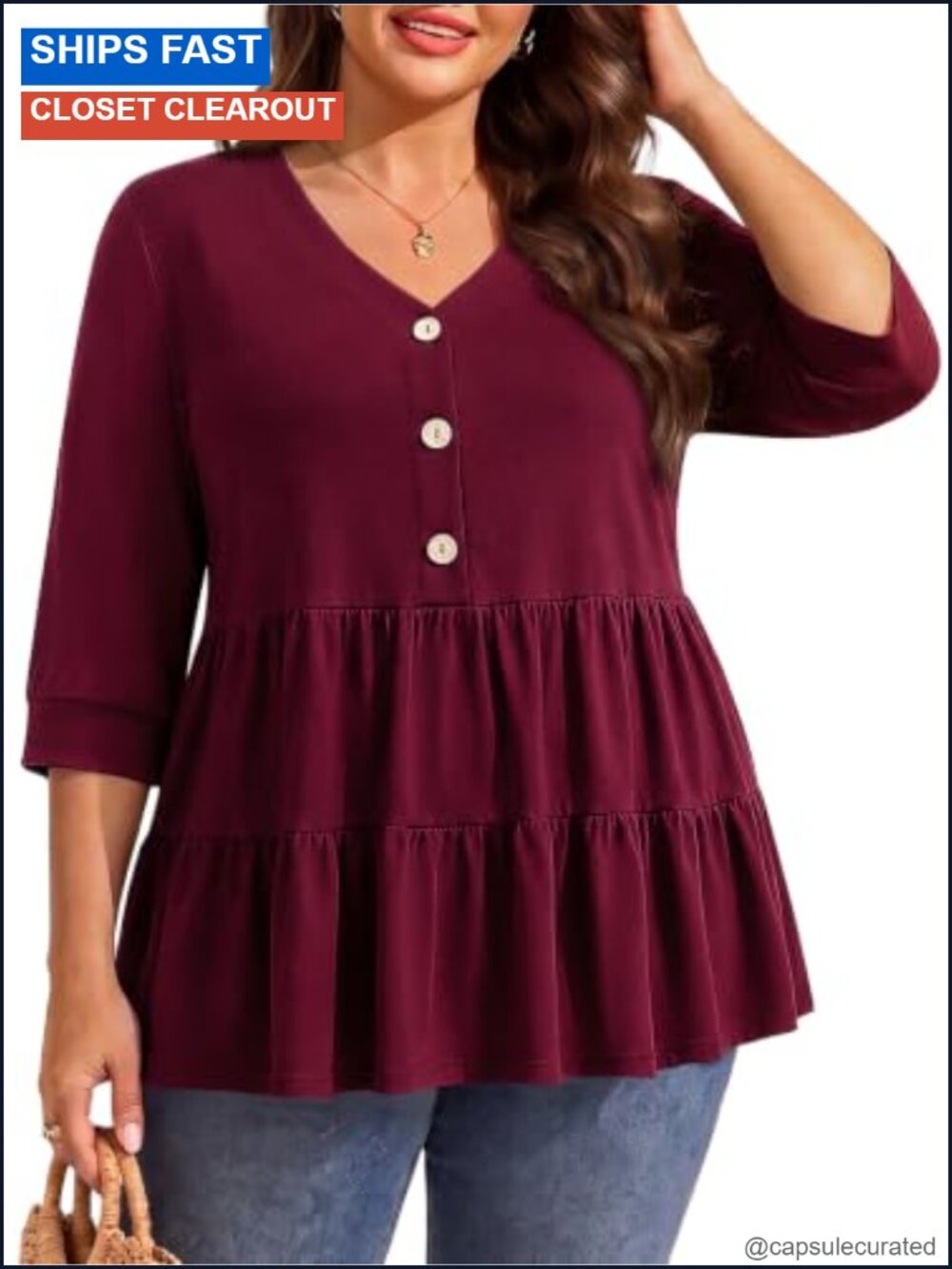 Plus Size Peplum Blouse with 3/4 Sleeves and Pleated Ruffle Hem